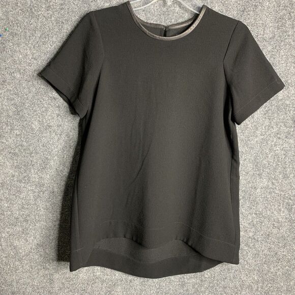 Madewell Leather Trim Blouse Women S Black High Low Hem Short Sleeve Keyhole - Picture 1 of 13